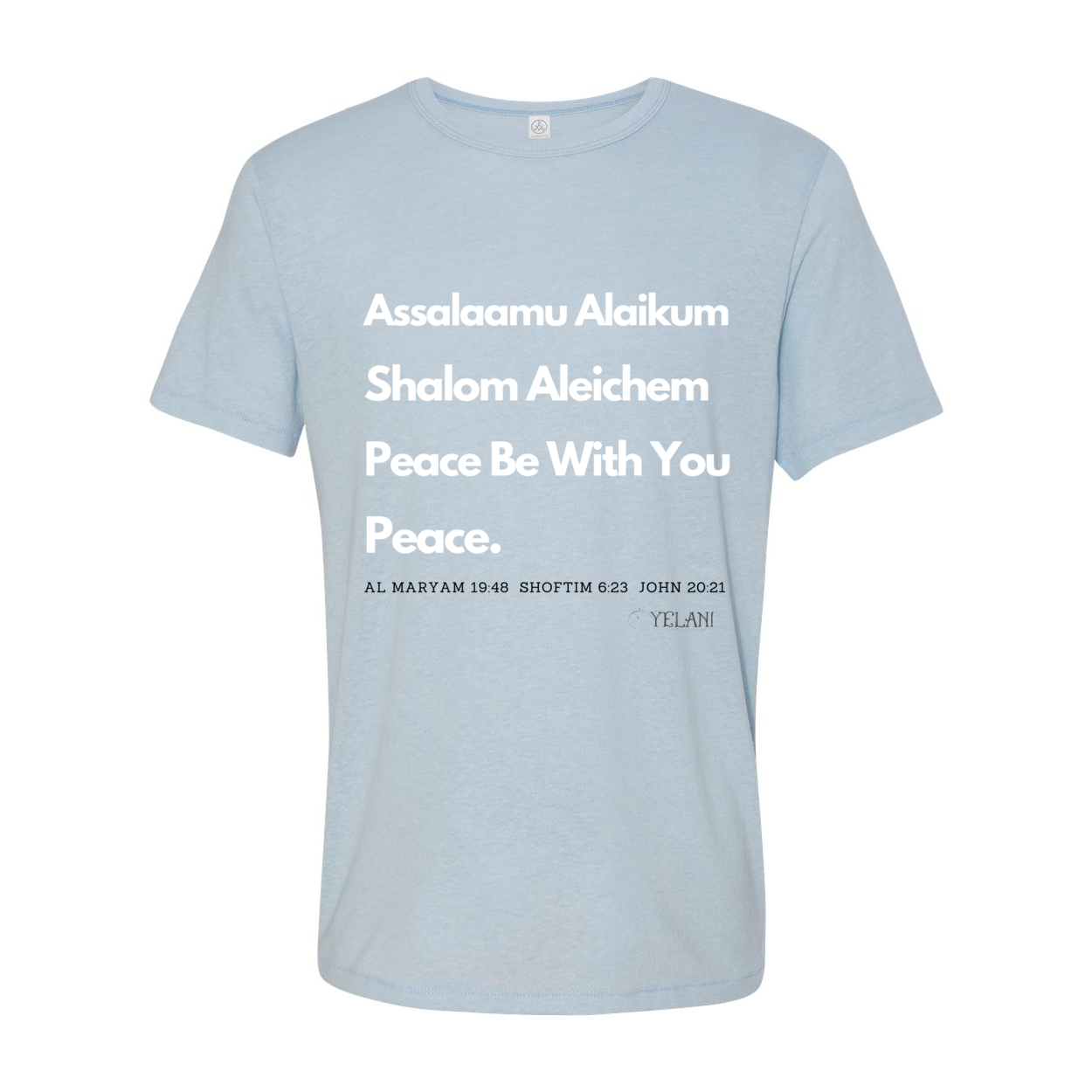 Peace & Blessings Men’s T-Shirt featuring 'Assalaamu Alaikum,' 'Shalom Aleichem,' and 'Peace Be With You' in Arabic, Hebrew, and English.