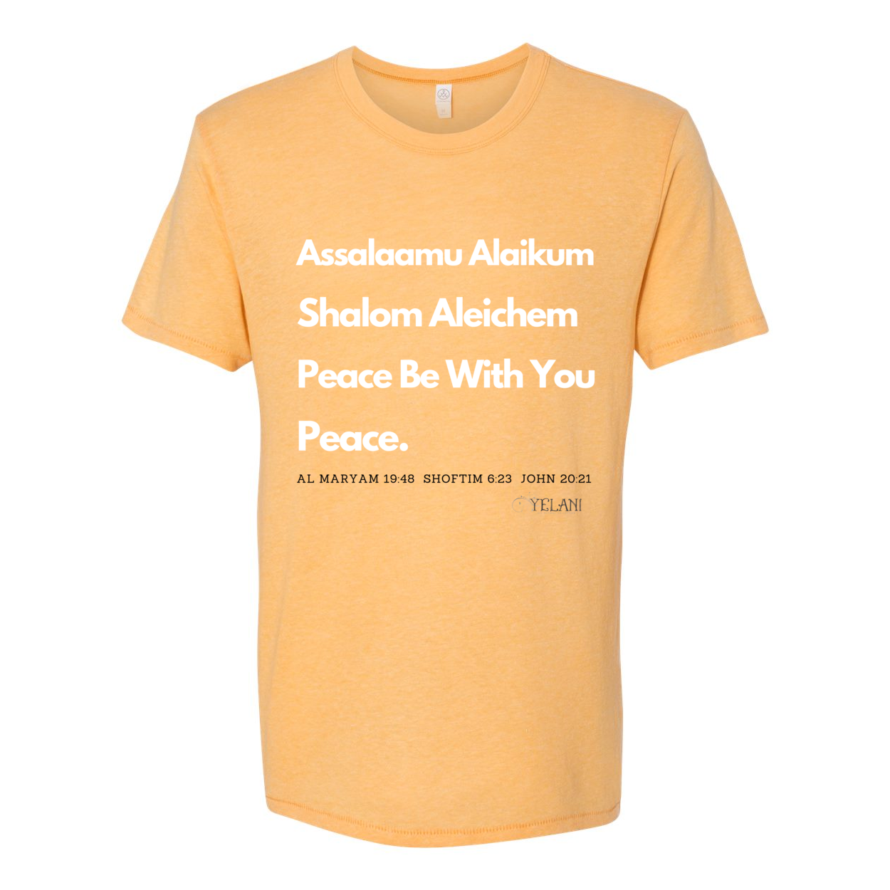 Peace & Blessings Men’s T-Shirt featuring 'Assalaamu Alaikum,' 'Shalom Aleichem,' and 'Peace Be With You' in Arabic, Hebrew, and English.