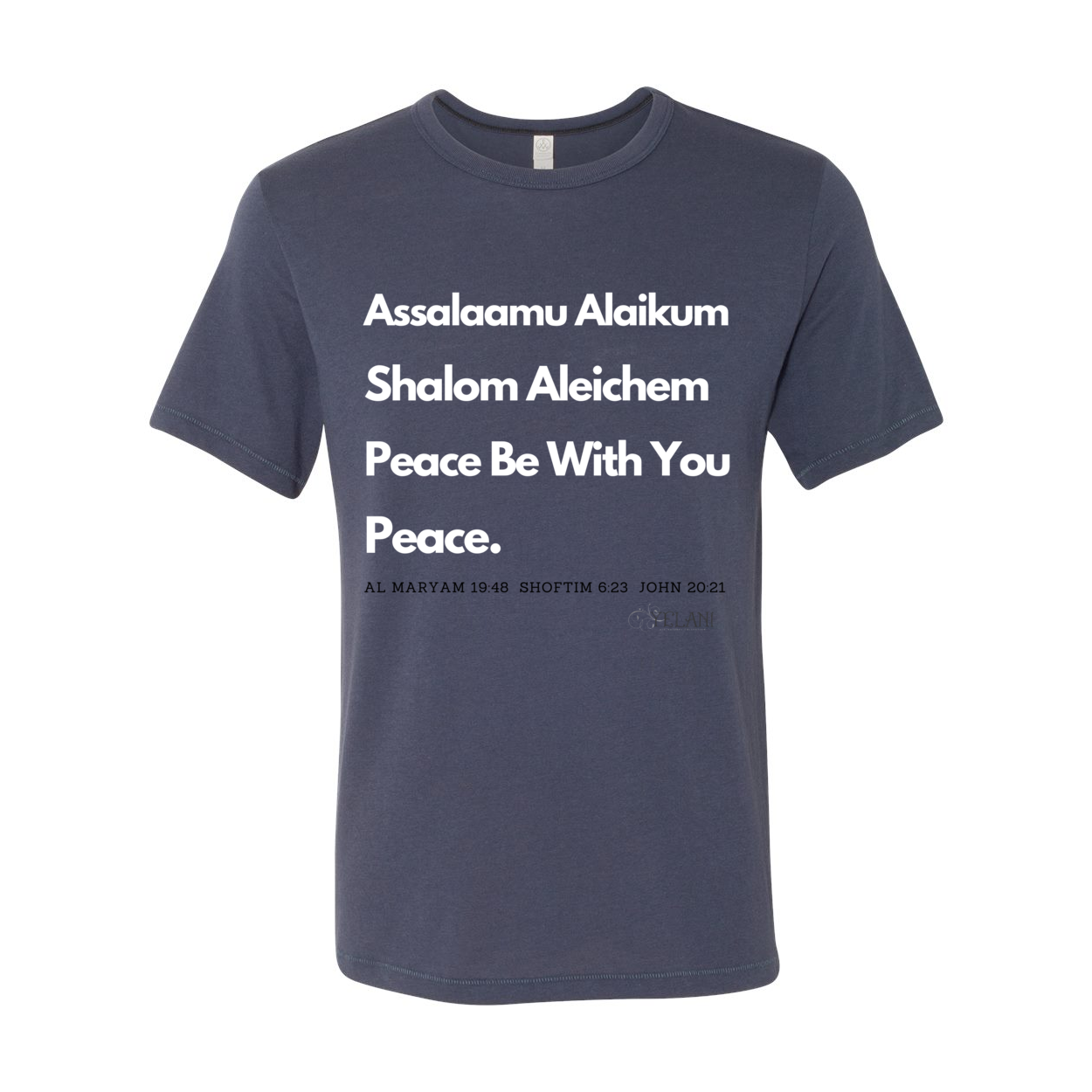 Peace & Blessings Men’s T-Shirt featuring 'Assalaamu Alaikum,' 'Shalom Aleichem,' and 'Peace Be With You' in Arabic, Hebrew, and English.