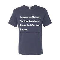 Thumbnail for Peace & Blessings Men’s T-Shirt featuring 'Assalaamu Alaikum,' 'Shalom Aleichem,' and 'Peace Be With You' in Arabic, Hebrew, and English.