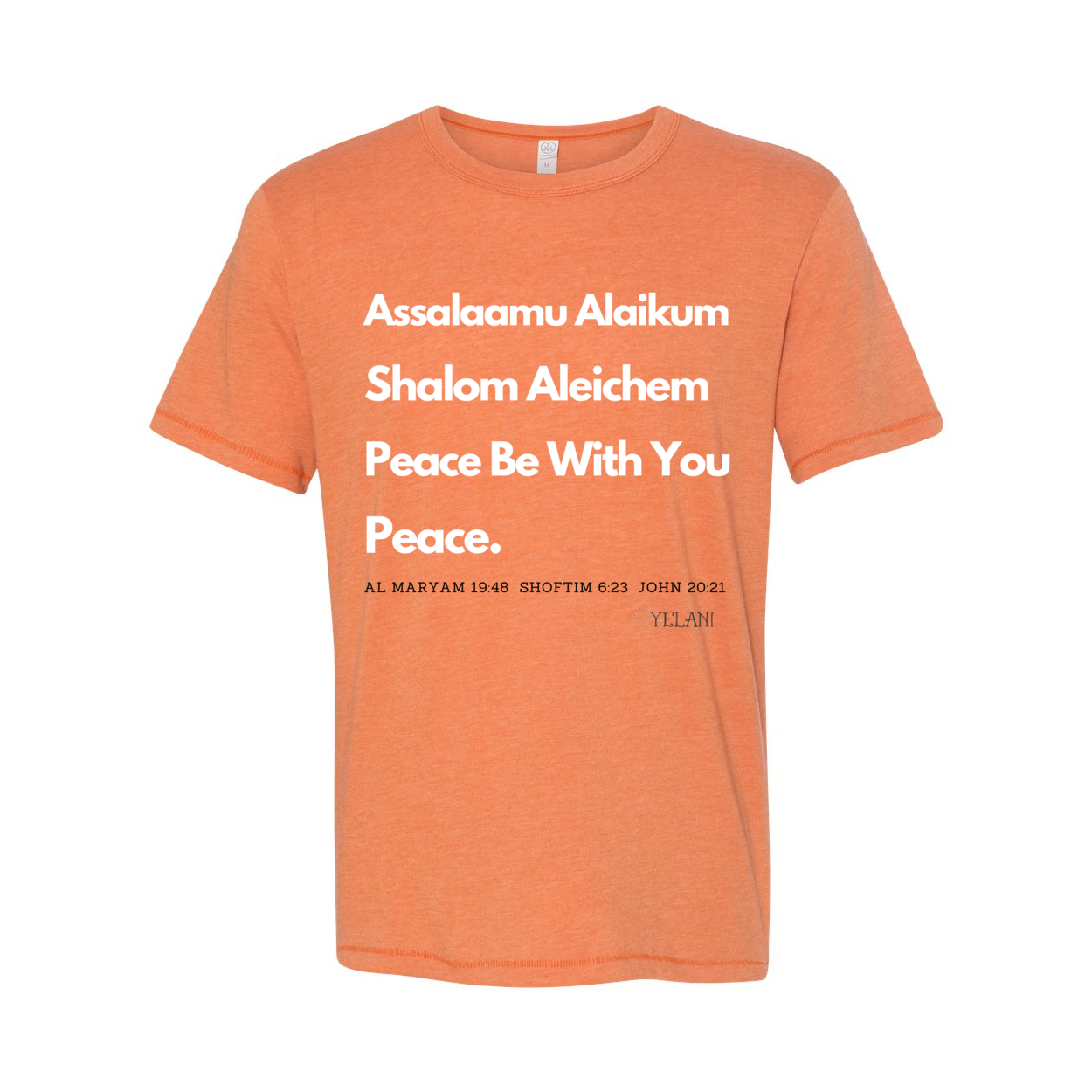 Peace & Blessings Men’s T-Shirt featuring 'Assalaamu Alaikum,' 'Shalom Aleichem,' and 'Peace Be With You' in Arabic, Hebrew, and English.