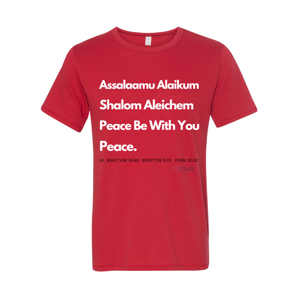 Peace & Blessings Men’s T-Shirt featuring 'Assalaamu Alaikum,' 'Shalom Aleichem,' and 'Peace Be With You' in Arabic, Hebrew, and English.