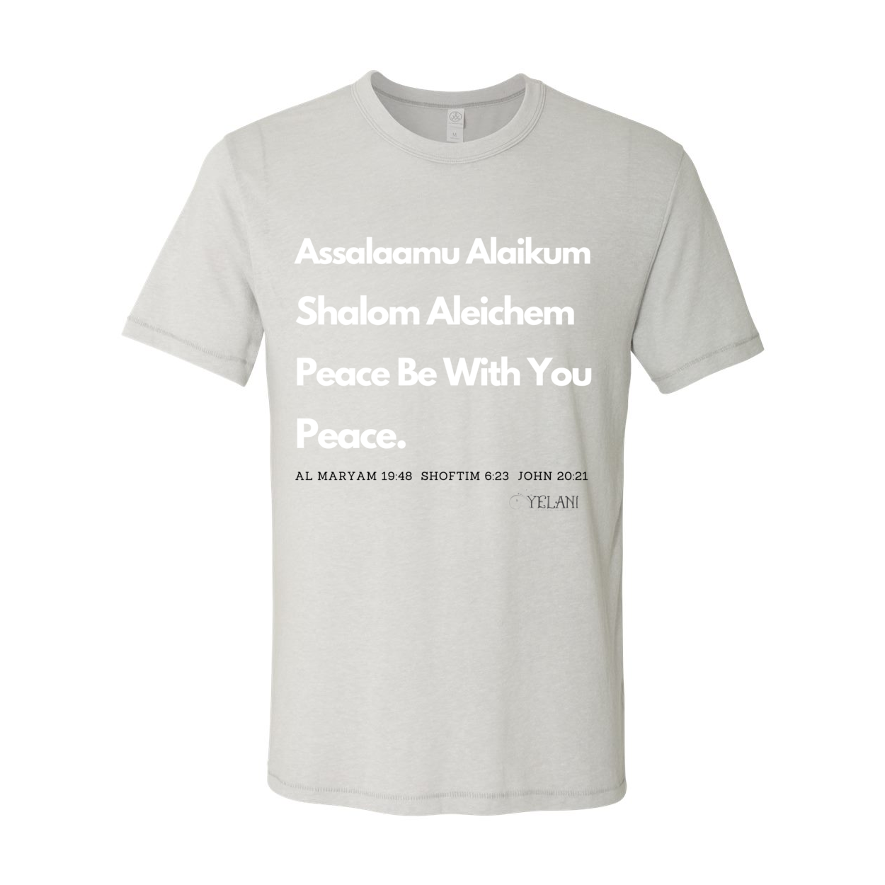 Peace & Blessings Men’s T-Shirt featuring 'Assalaamu Alaikum,' 'Shalom Aleichem,' and 'Peace Be With You' in Arabic, Hebrew, and English.