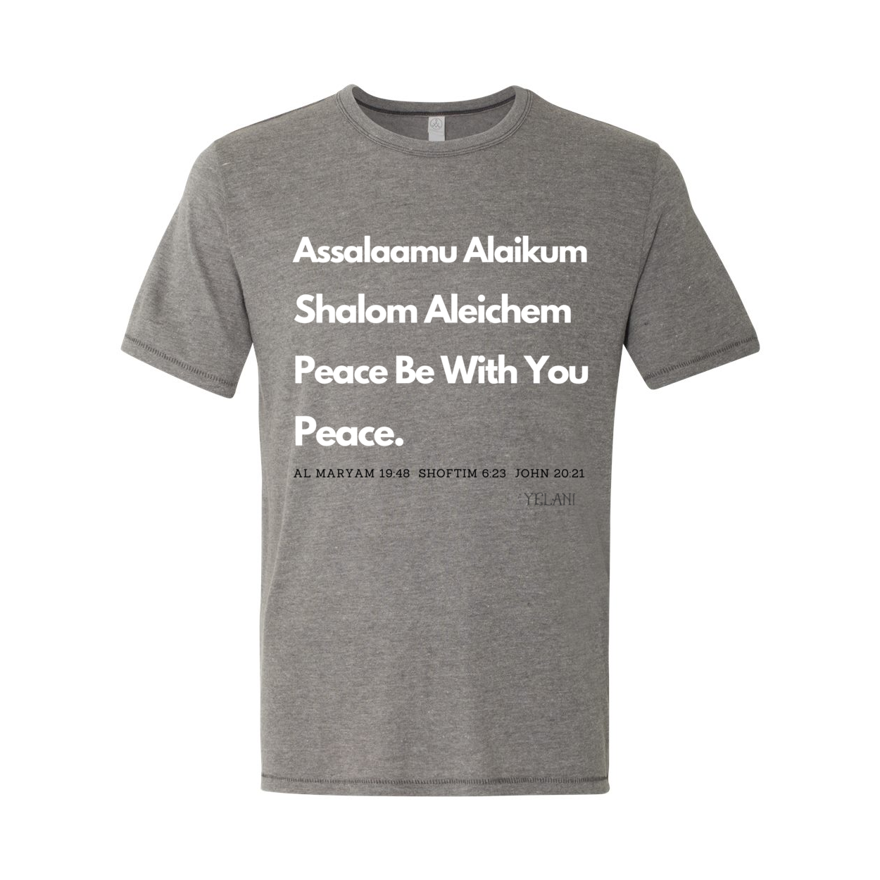 Peace & Blessings Men’s T-Shirt featuring 'Assalaamu Alaikum,' 'Shalom Aleichem,' and 'Peace Be With You' in Arabic, Hebrew, and English.