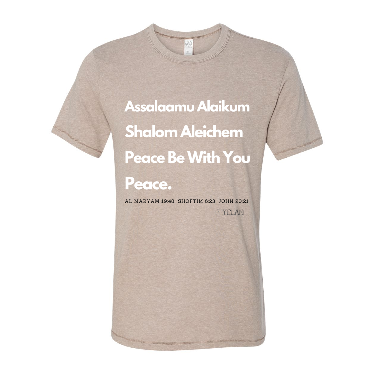 Peace & Blessings Men’s T-Shirt featuring 'Assalaamu Alaikum,' 'Shalom Aleichem,' and 'Peace Be With You' in Arabic, Hebrew, and English.