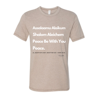 Thumbnail for Peace & Blessings Men’s T-Shirt featuring 'Assalaamu Alaikum,' 'Shalom Aleichem,' and 'Peace Be With You' in Arabic, Hebrew, and English.