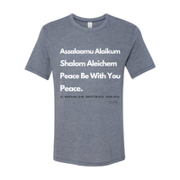 Thumbnail for Peace & Blessings Men’s T-Shirt featuring 'Assalaamu Alaikum,' 'Shalom Aleichem,' and 'Peace Be With You' in Arabic, Hebrew, and English.