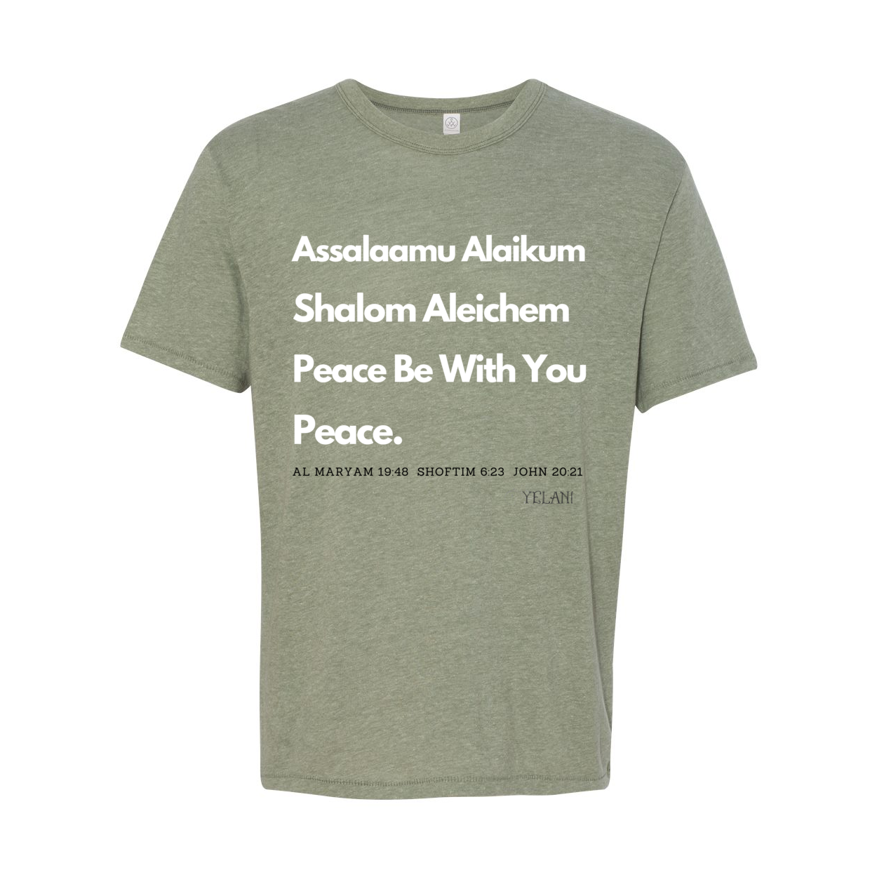 Peace & Blessings Men’s T-Shirt featuring 'Assalaamu Alaikum,' 'Shalom Aleichem,' and 'Peace Be With You' in Arabic, Hebrew, and English.