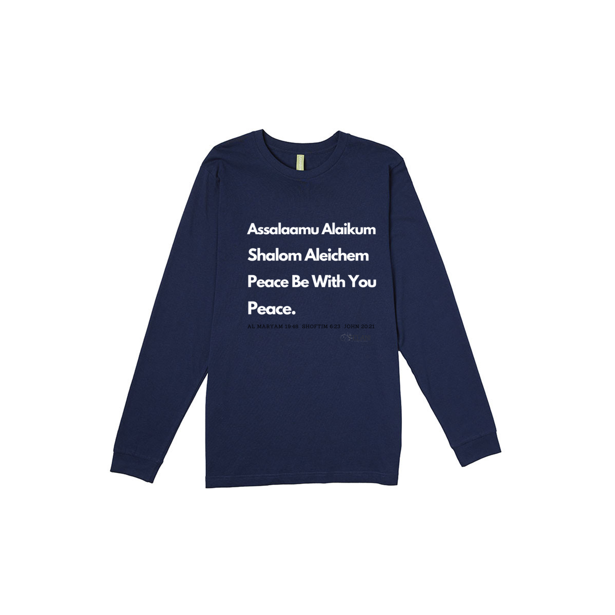 Women's long sleeve t-shirt featuring unity message with 'Assalaamu Alaikum,' 'Shalom Aleichem,' and 'Peace Be With You' in Arabic, Hebrew, and English.