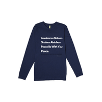 Thumbnail for Women's long sleeve t-shirt featuring unity message with 'Assalaamu Alaikum,' 'Shalom Aleichem,' and 'Peace Be With You' in Arabic, Hebrew, and English.