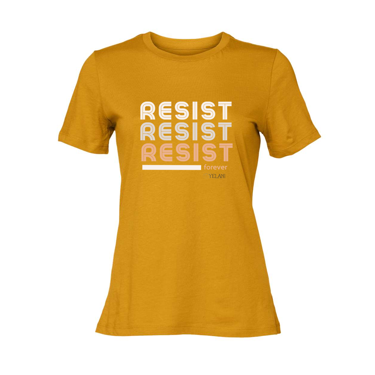 Resist Women’s Relaxed Jersey Tee with motivational message to embrace individuality. Mustard