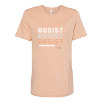 Thumbnail for Resist Women’s Relaxed Jersey Tee with motivational message to embrace individuality. Sand Dune